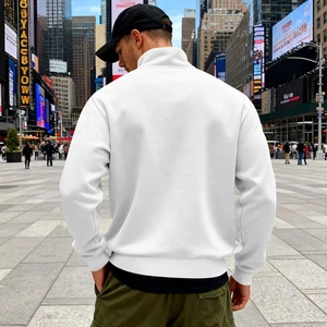 Rear view of men's white stand collar sweatshirt with ribbed cuffs in urban street setting