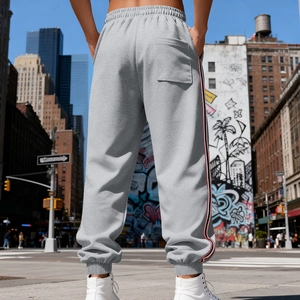 Rear view of men's grey jogger pants featuring three-color side stripes and elastic ankle cuffs