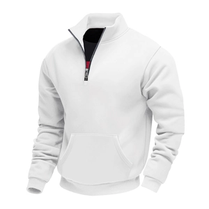 Detail of white half-zip sweatshirt showing silver metal zipper and stand collar texture