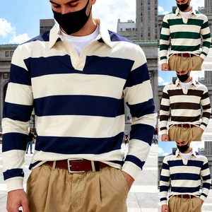 Polo a Manica Lunga a Righe Casual da Uomo in Poliestere Lavorato a Maglia Blocco di Colore Colletto a Punta Camicia da Rugby Retrò