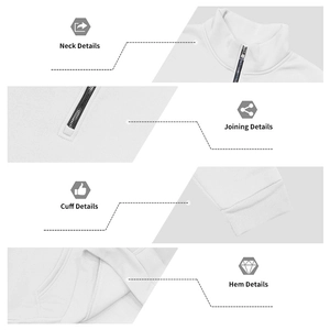 Detailed views of the stand collar, metal zipper, ribbed cuffs and hem on the white sweatshirt