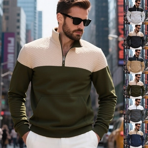 Felpa da uomo con zip a un quarto, pannelli trapuntati oliva e beige e tasca a marsupio
