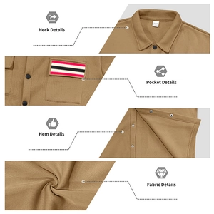 Vue détaillée de la veste cargo marron avec col, poches et décoration à rayures