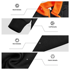 Detailansicht mit orangefarbenem Stehkragen und schwarzen Rippbündchen an der Herrenjacke
