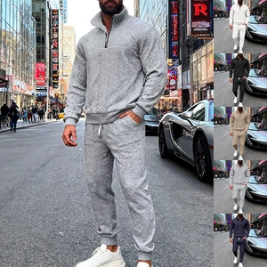 Men Stand Collar Half Zipper Cable Knit Tracksuit Autumn Winter Urban Casual Sweatshirt And Jogger Pants Sporty Outfit