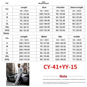 Size chart for men's casual striped tracksuit set showing top and pants measurements
