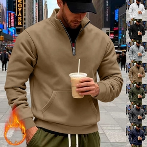 Men Quarter Zip Pullover Sweatshirt Fleece Lined Stand Collar Solid Color Warm Winter Loose Casual Top Kangaroo Pocket