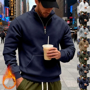 Men's winter fleece half-zip sweatshirt with stand collar and kangaroo pocket in navy blue