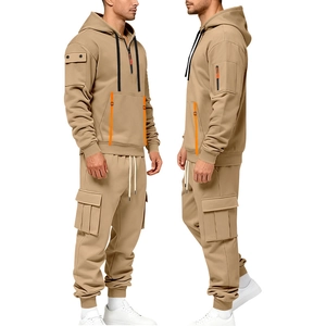 Dual-angle view of men's khaki utility tracksuit featuring hood and cargo pockets