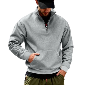 Men's casual grey fleece half-zip sweatshirt with stand collar and kangaroo pocket