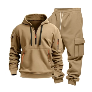 Detail of khaki men's hoodie set featuring half-zip design and cargo pocket pants
