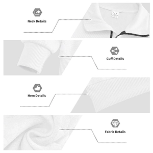 Detail view of white waffle knit sweatshirt showing neckline zipper and fabric texture