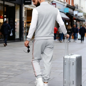 Détails du costume de baseball gris pour hommes avec manches contrastées et jogging