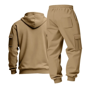 Detailed back view of khaki hoodie with utility pockets and matching cargo sweatpants