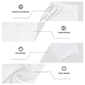 Detailed views of white striped knit pants featuring drawstring waist and leaf texture