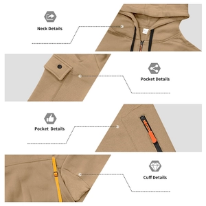 Detailed views of khaki hoodie showing neck drawstrings, zip pockets and ribbed cuffs