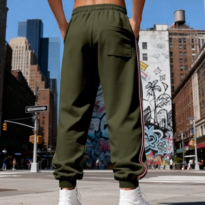 Detail of olive green joggers featuring ribbed cuffs and side stripes on city background