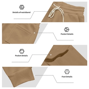 Detail view of khaki jogger pants showing drawstring waist, cargo pockets and ribbed cuffs