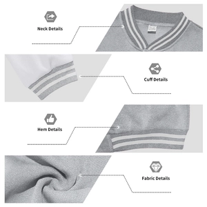 Détails de la veste de baseball grise montrant le col rayé et la texture du tissu tricoté