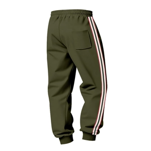 Detail of olive green joggers showing elastic drawstring waist and side striped webbing