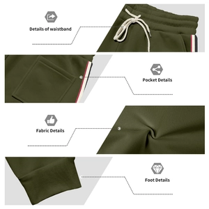 Detailed views of waistband, side pockets with stripes, fabric texture, and ribbed cuffs