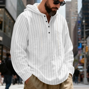 Close-up of men striped linen hoodie shirt featuring buttoned neck and drawstring hood
