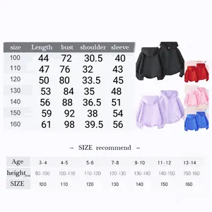 Detailed size chart for kids zip-up hoodie featuring length, bust, and age recommendations