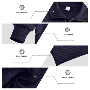 Detail view of navy blue quilted sweatshirt featuring ribbed cuffs and stand collar texture
