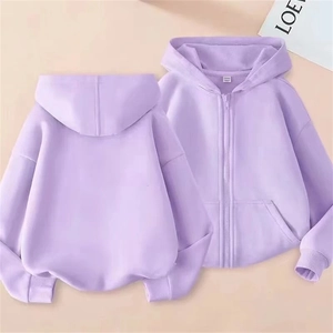 Flat lay of light purple zip-up hoodie featuring drop shoulders and large front pockets