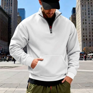 Men's winter white quarter-zip fleece sweatshirt with standing collar and front pouch pocket