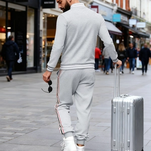 Détail d'une veste de baseball grise pour hommes avec bordures rayées et pantalon
