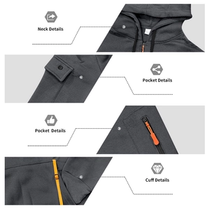 Detailed close-up of zipper pockets, ribbed cuffs and hooded neckline on men's sport set