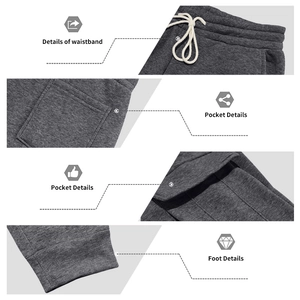 Detailed views of men's dark grey jogger pants showing drawstring waist and cargo pockets