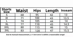 Guide des tailles du short d'été en maille avec mesures de taille et de hanches