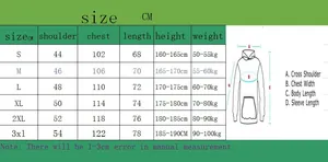 Size chart for men hoodie with S to 3XL measurements for chest, length and shoulders