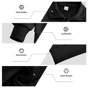 Detail view of black textured zip collar, ribbed cuffs and diamond jacquard fabric