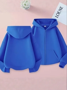 Solid blue fleece zip-up hoodie for men and women featuring a front and back view
