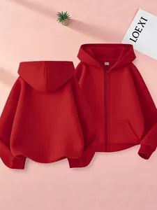 Red hooded zip-up sweatshirt set showing front and back views with cozy fleece lining