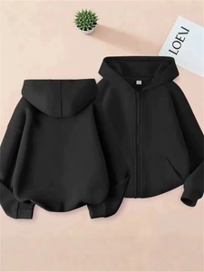 Unisex black fleece zip-up hoodie featuring front and back views with drawstring hood