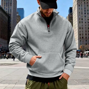 Men's grey quarter-zip fleece sweatshirt with a kangaroo pocket and ribbed cuffs