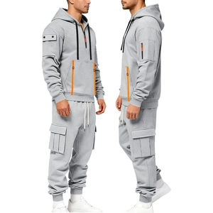Men's grey hooded tracksuit set featuring cargo pants and orange zipper details