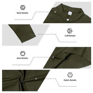 Détails du col et des poignets du t-shirt vert olive avec texture en tissu 100 % polyester