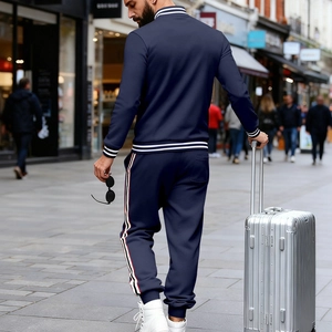 Vue arrière du survêtement de baseball bleu marine pour hommes avec valise argentée