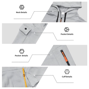 Detail view of men's grey hoodie showing neck, pocket, and orange zipper accent