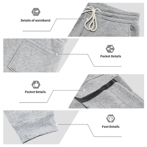 Detailed views of gray sports trousers featuring elastic waistband and multi-pocket design