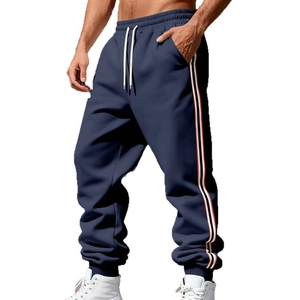 Men's dark blue joggers with three-color side stripes and elastic drawstring waist