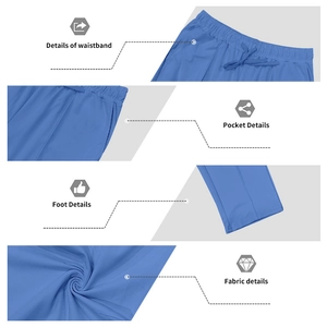 Detail view of elastic drawstring waistband and fabric texture on blue casual pants