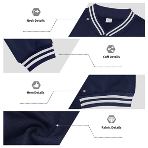 Vues détaillées des poignets rayés, du col et de la texture du tissu d'une veste de baseball
