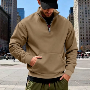 Men's khaki 1/4 zip fleece sweatshirt with kangaroo pocket and standing collar
