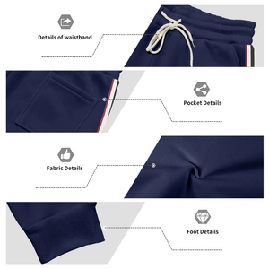 Détails du jogging bleu marine avec taille élastique et bandes latérales tricolores